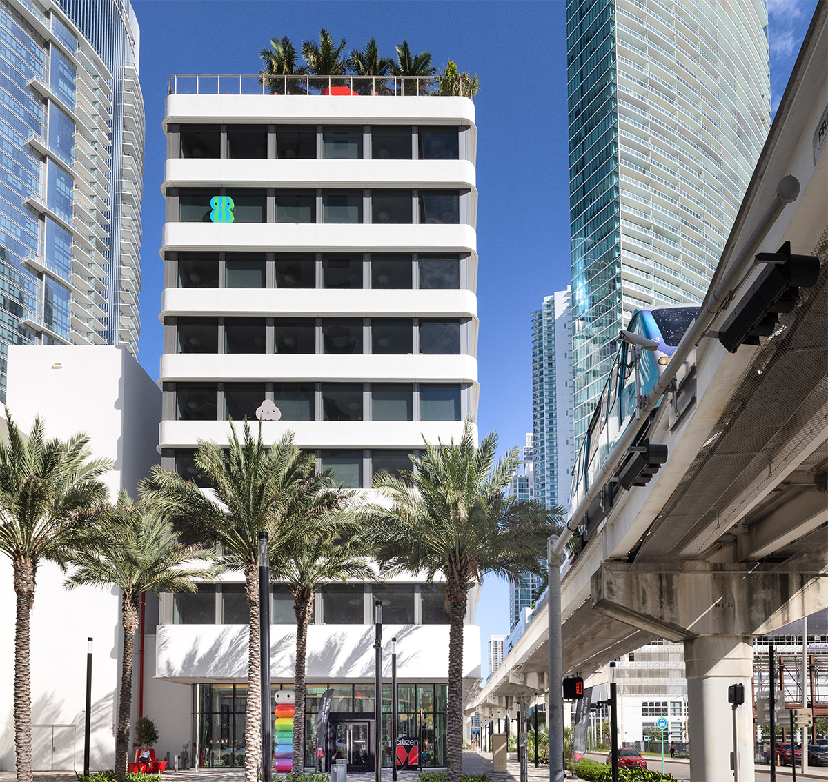 Architectural view of the Citizen M hotel in Miami, FL.