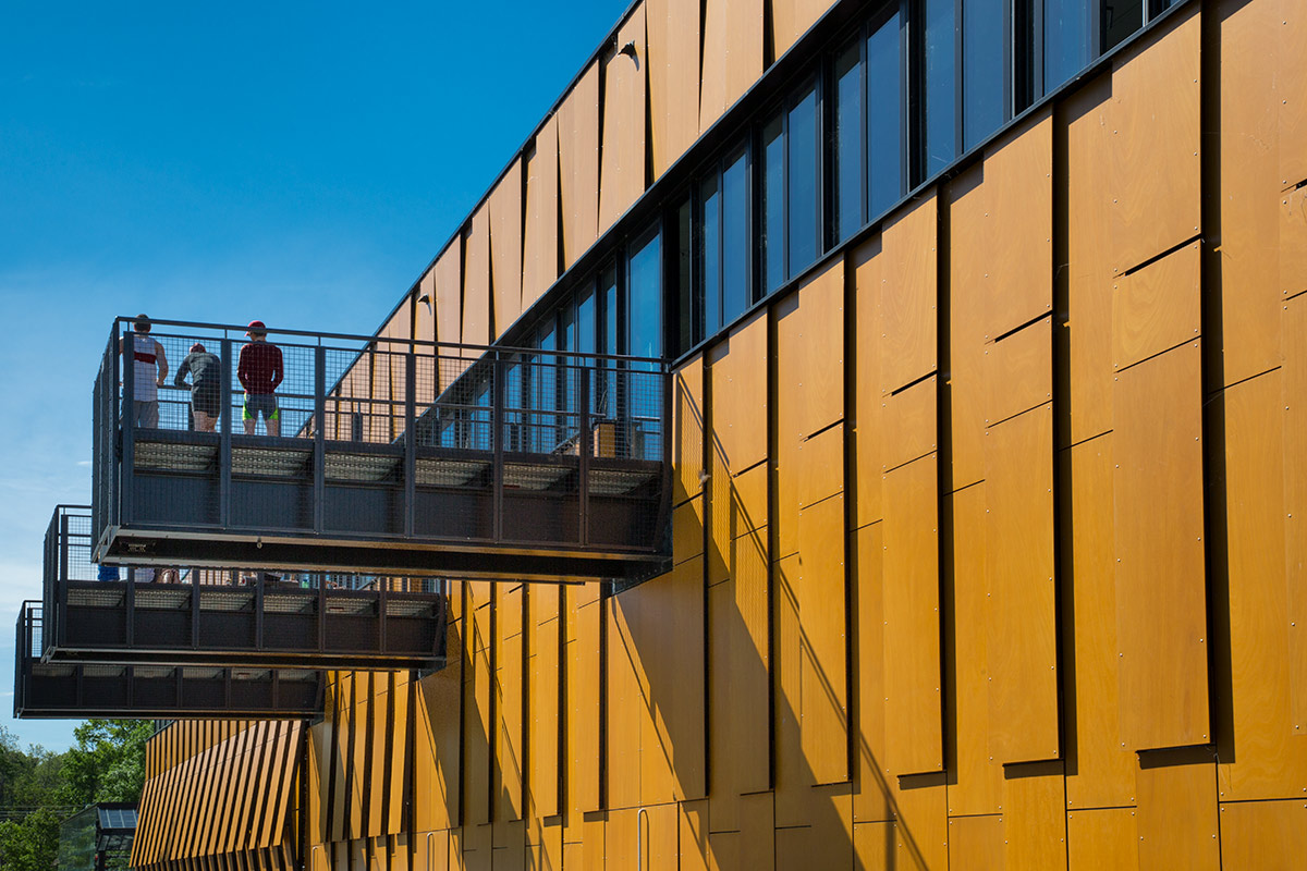 Architectural view of the Prodema facade of the Harry Parker Boathouse in Brighton, MA.