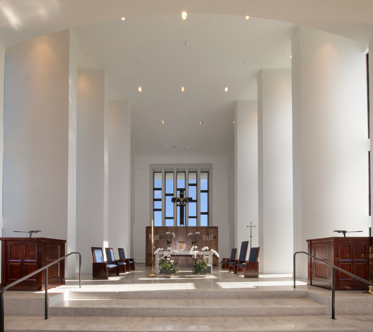 Interior design detail view of the Palmer Trinity school chapel sanctuary in Miami, FL