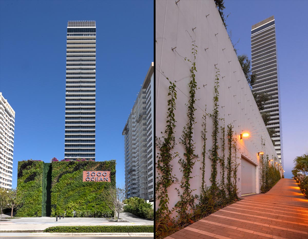 Architectural garage and ramp entrance views of the 2000 Ocean condo in Hallandale Beach, FL.
