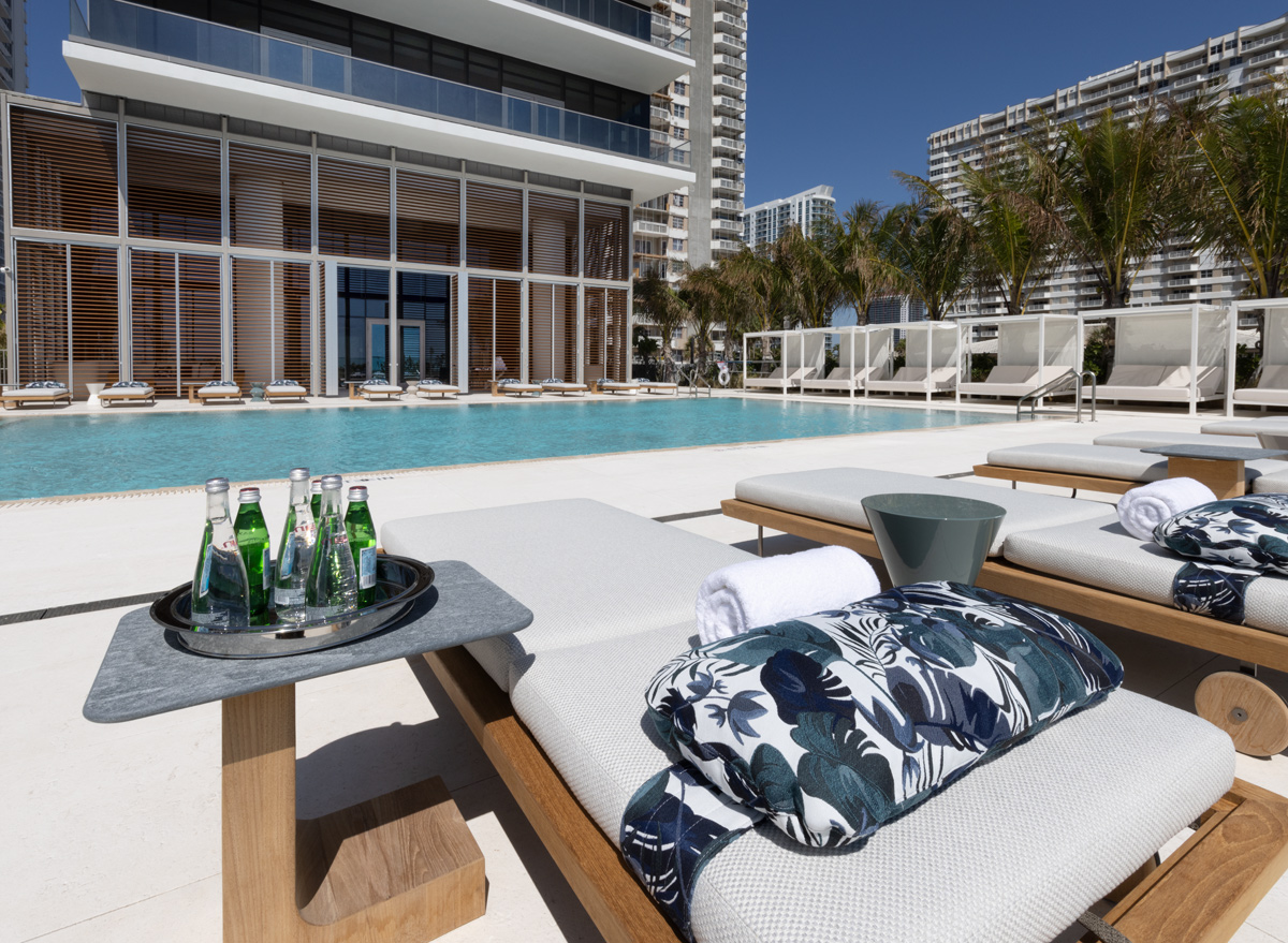 Architectural pool view at the 2000 Ocean condo in Hallandale Beach, FL.