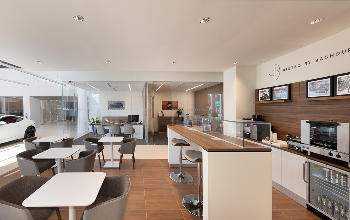 Interior design cafe view of the Miami Jaguar - Land Rover dealership.