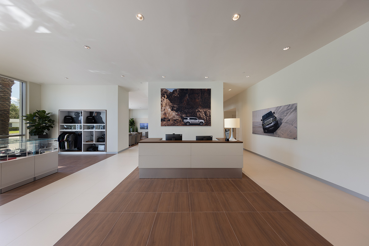 Interior design reception view of the Miami Jaguar - Land Rover dealership.