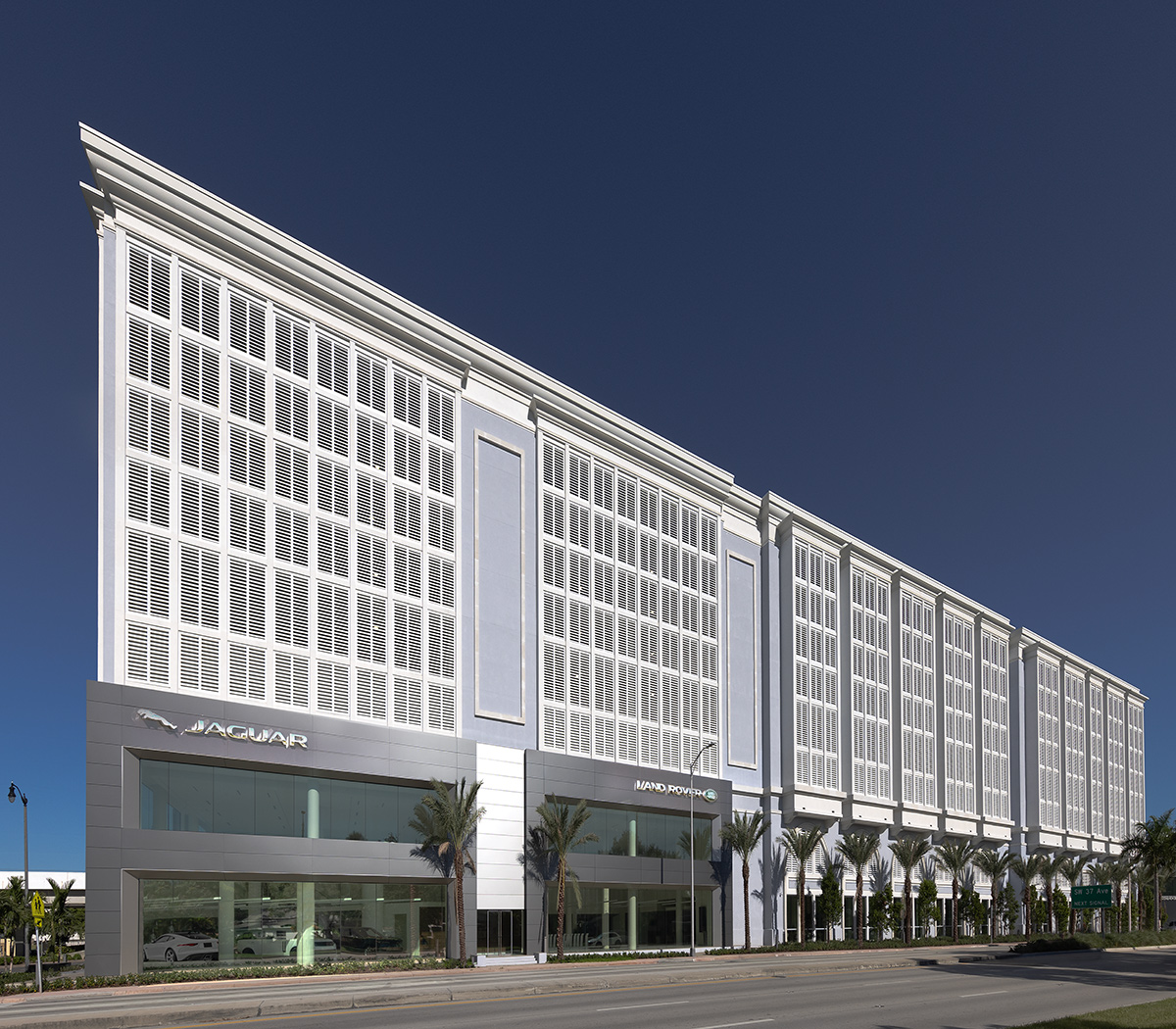 Architectural view of the Miami Jaguar - Land Rover dealership.