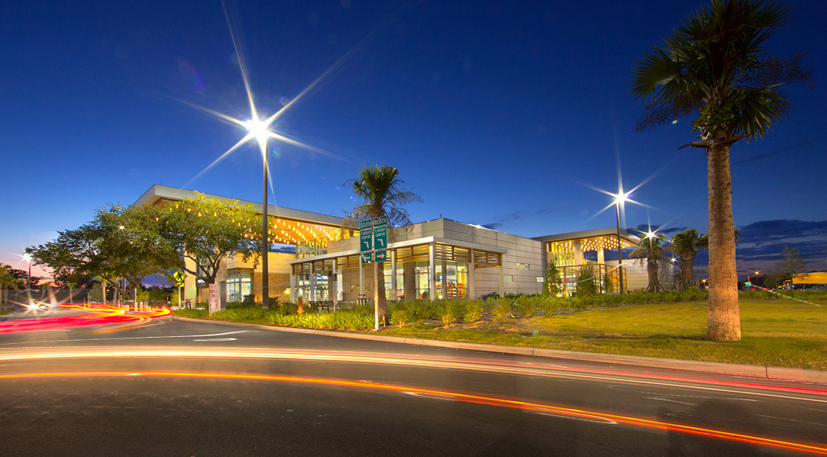 Architectural dusk view of the Fort Drum Service Plaza - Okeechobee, FL