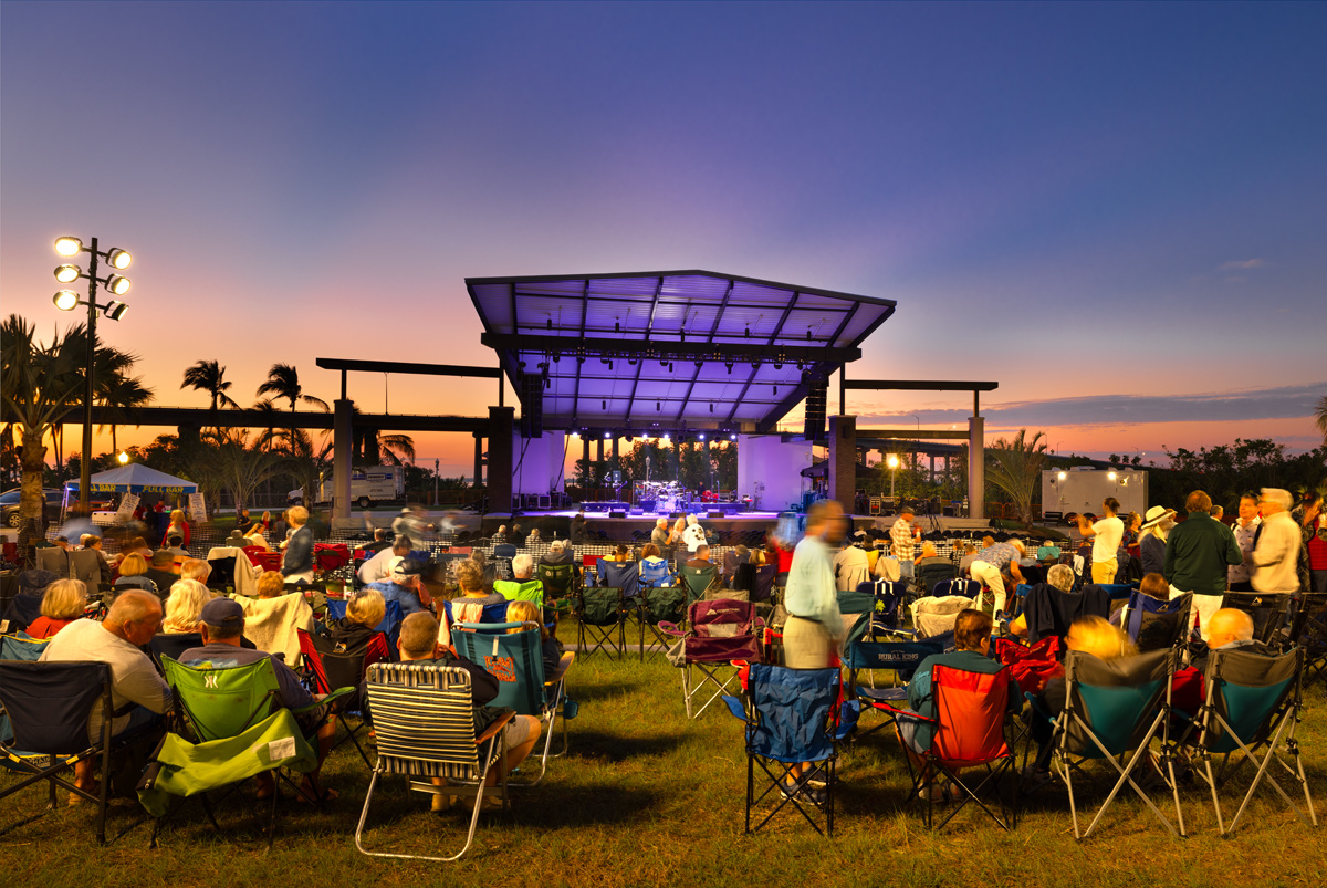 Architectural dusk view of the Caloosa Sound Amphitheater in Fort Myers, FL 