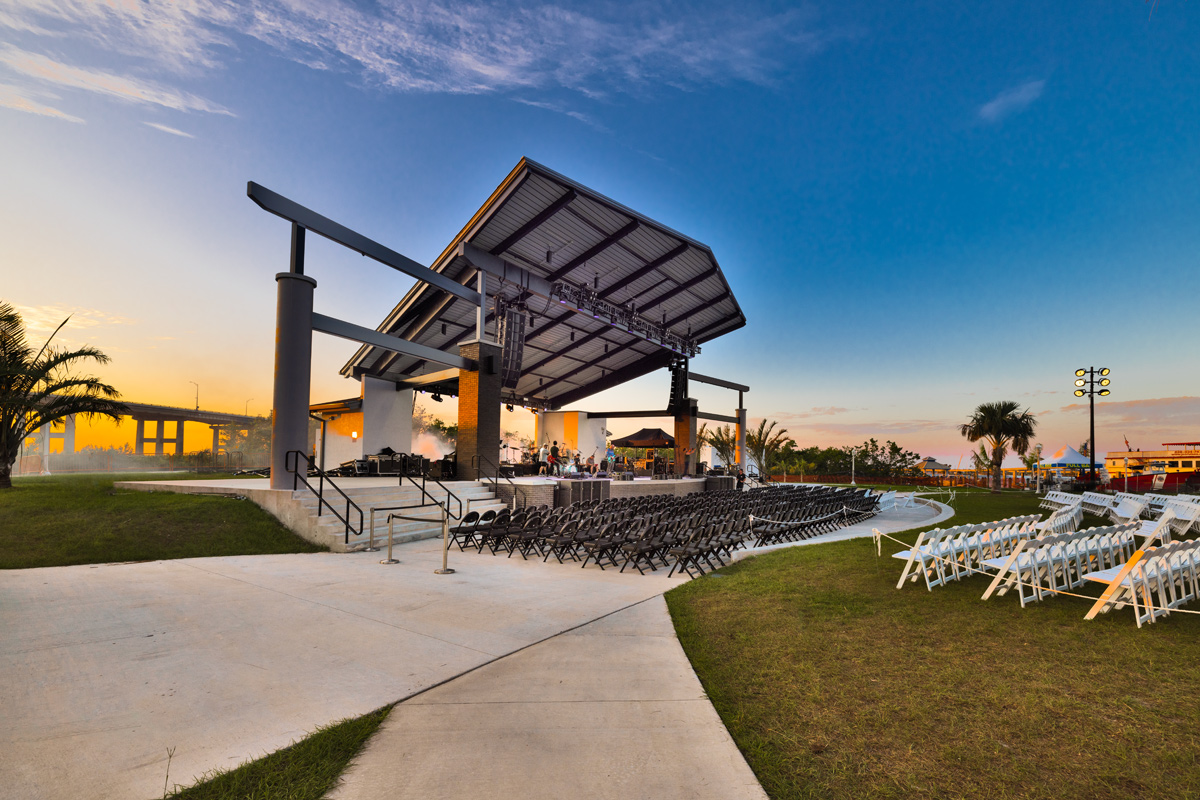 Architectural sunset view of the Caloosa Sound Amphitheater in Fort Myers, FL 