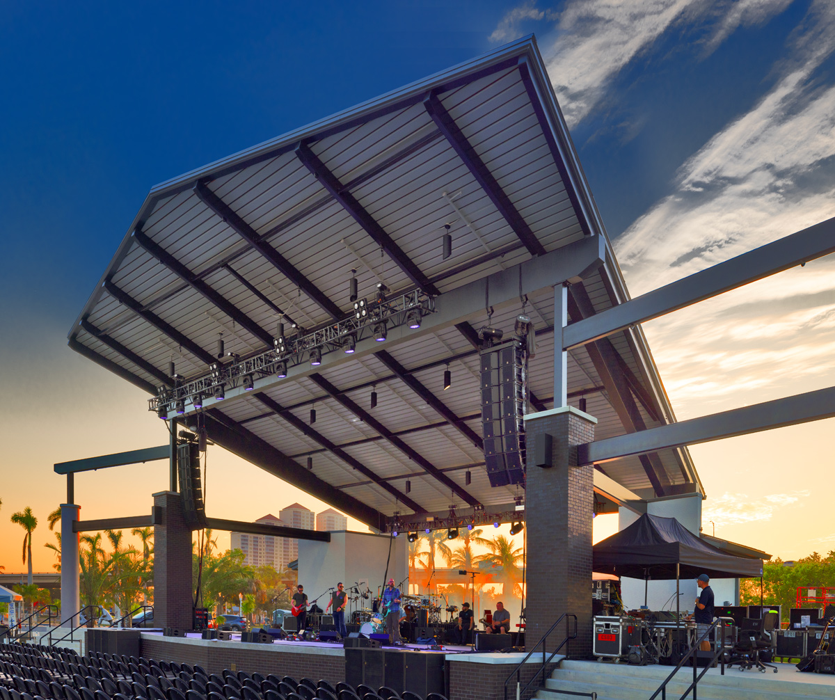 Architectural sunset view of the Caloosa Sound Amphitheater in Fort Myers, FL 