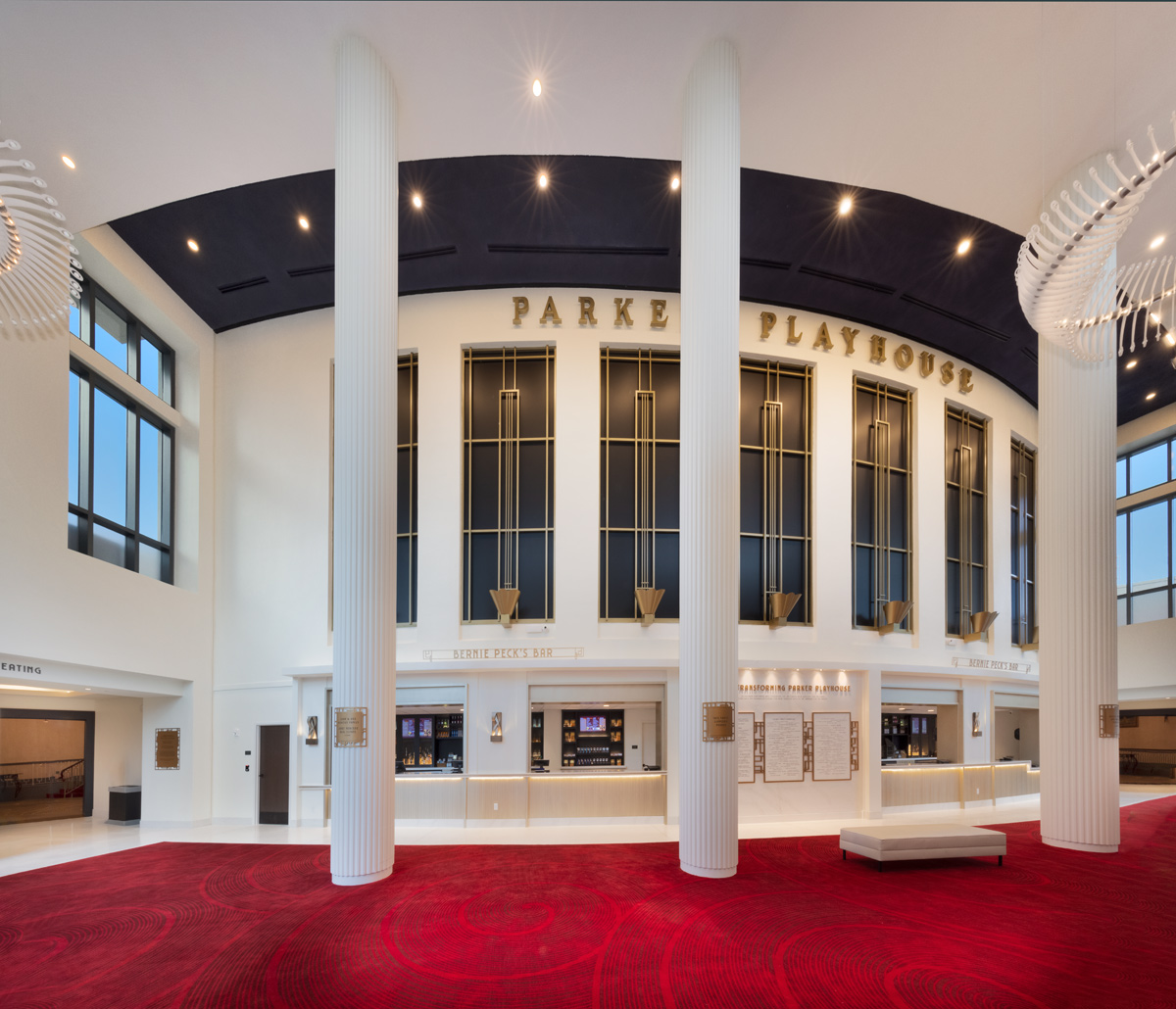 Interior design view of the Parker Playhouse theater lobby in Fort Lauderdale, FL. 