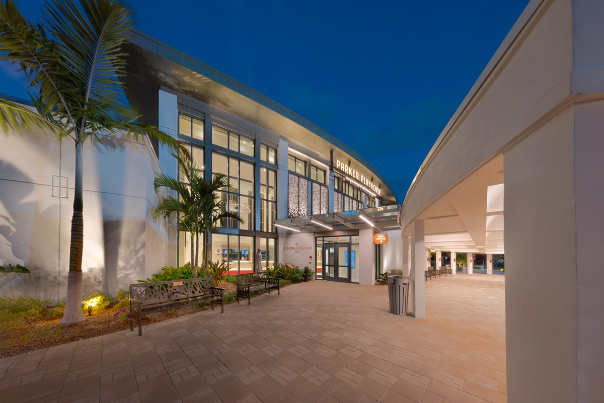 Architectural dusk view of the Parker Playhouse entrance in Fort Lauderdale, FL. 