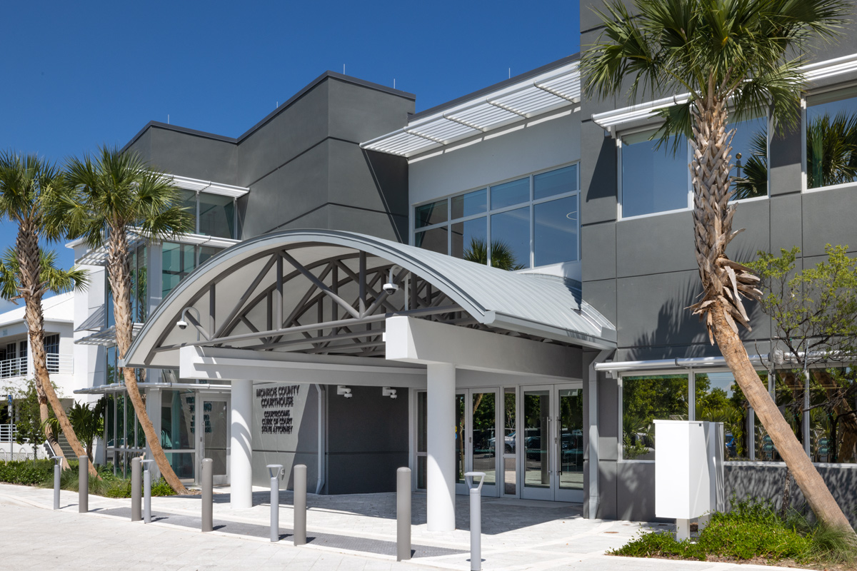 Architectural view of the Monroe County Courthouse entrance in Islamorada, FL.
