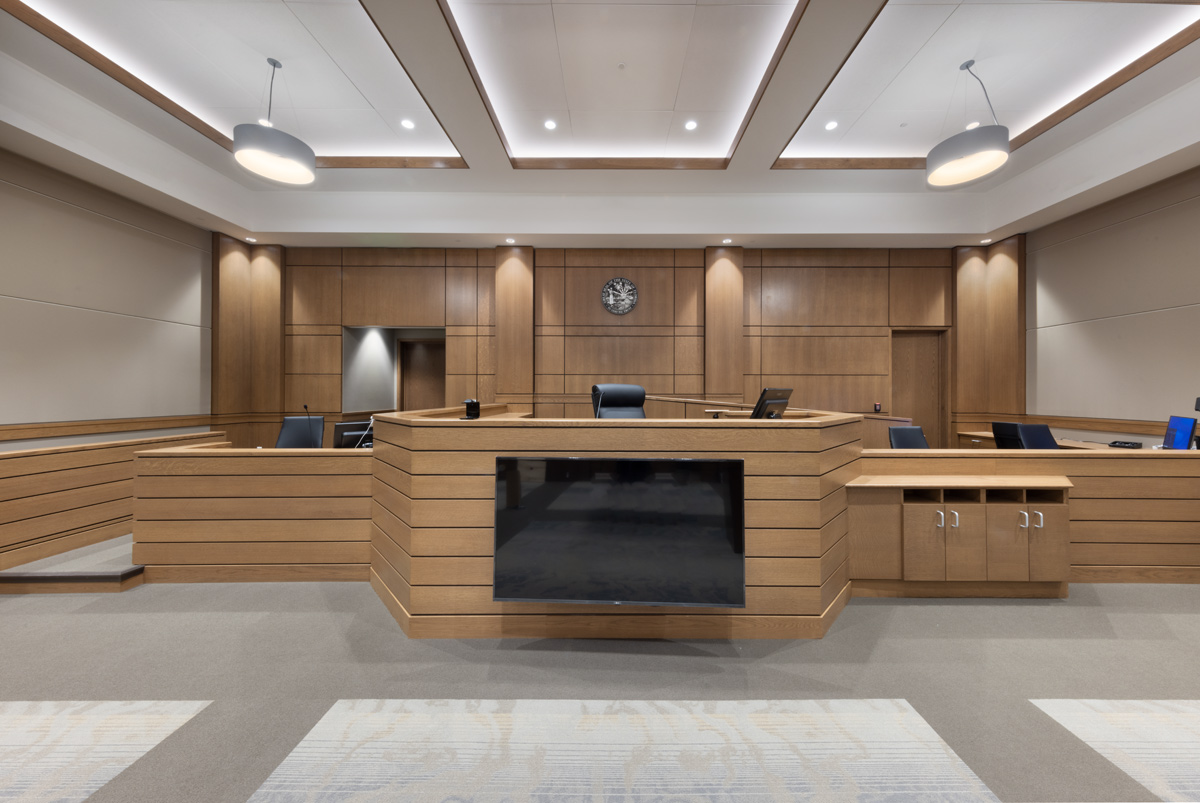 Interior design view of a courtroom at the Monroe County Courthouse - Islamorada, FL.