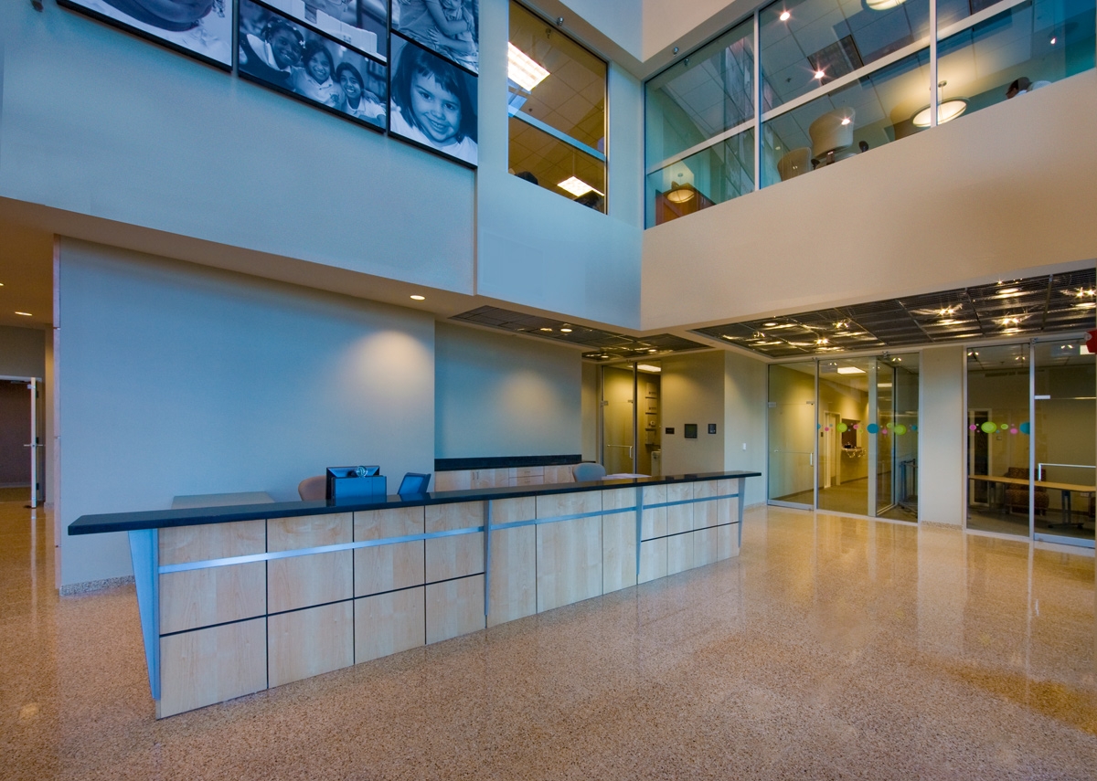 Interior design view of the lobby reception at the Children's Services Council - West Palm Beach, FL.