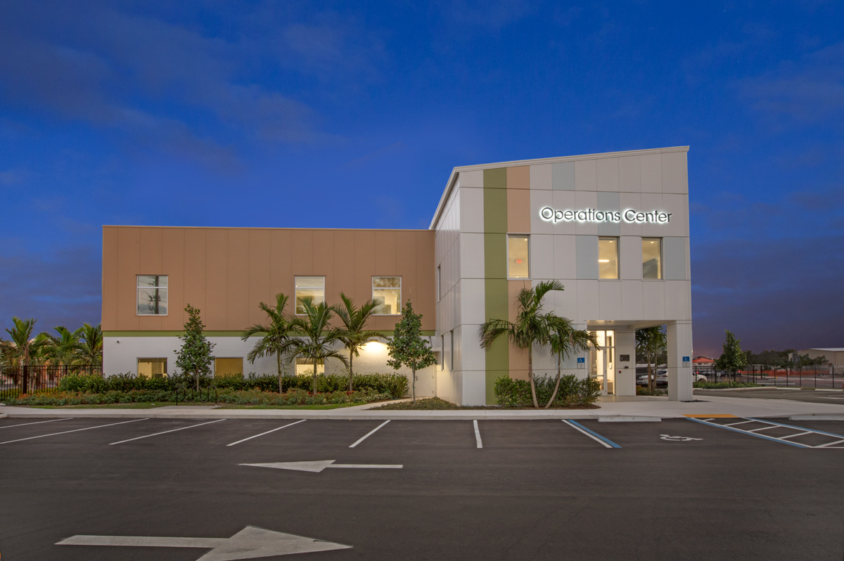 Architectiural dusk view of Palm Beach Gardens operations center.