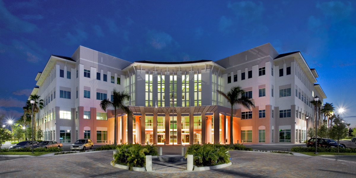 Architectural dusk view of the Palm Beach County Vista Center Boynton Beach, FL