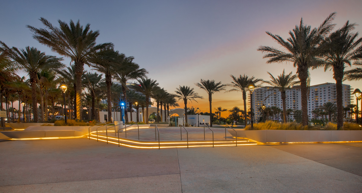 Las Olas Fort Lauderdale beachfront park dusk view.