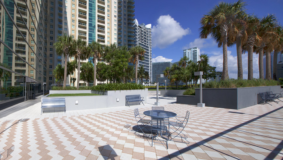 Architectural courtyard view of 1450 Brickell office tower.