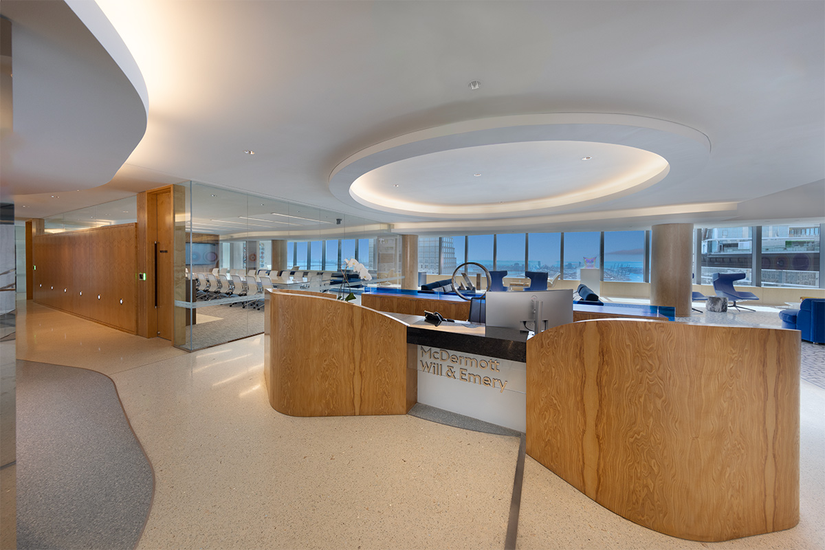 Architectural and interior design views of Mcdermott Will and Emery law offices and headquarters in downtown Miami, FL