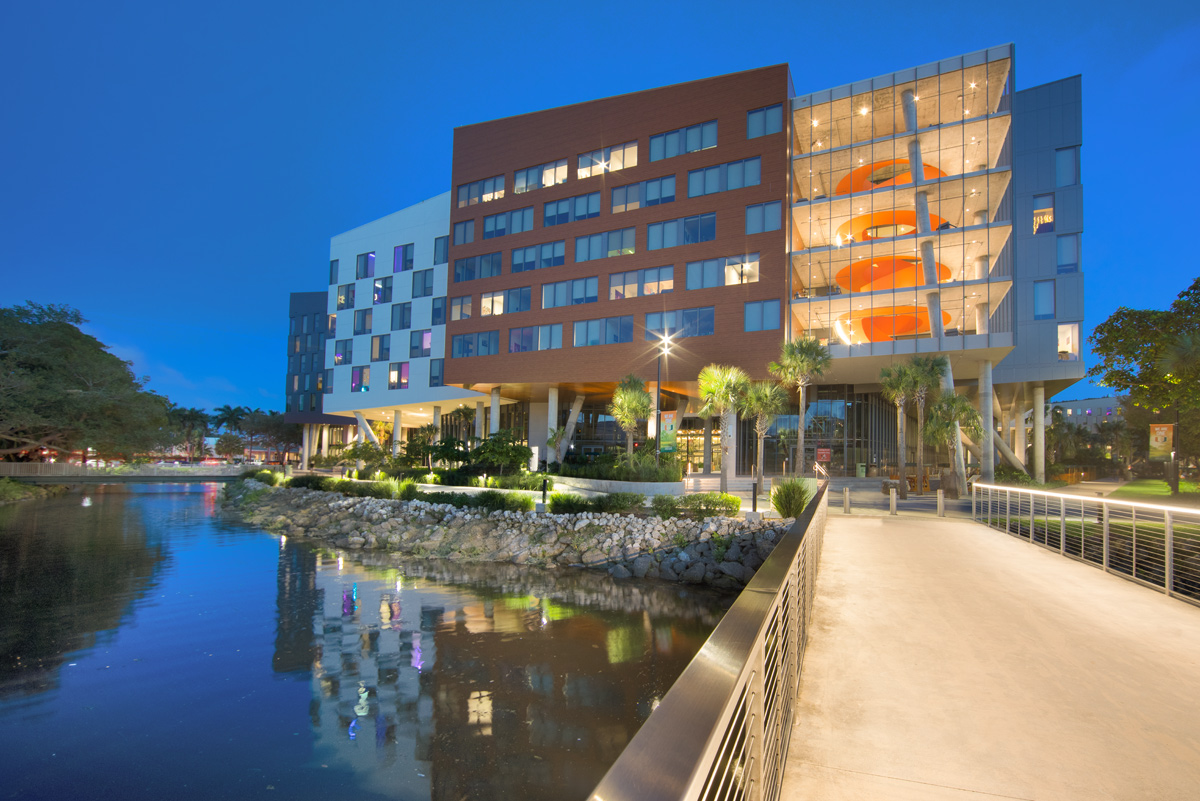 Architectural dusk view of UM Lakeside Village Student Housing in Miami, FL