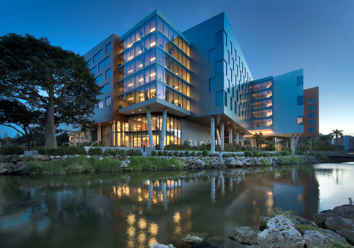 Architectural dusk view of UM Lakeside Village Student Housing in Miami, FL