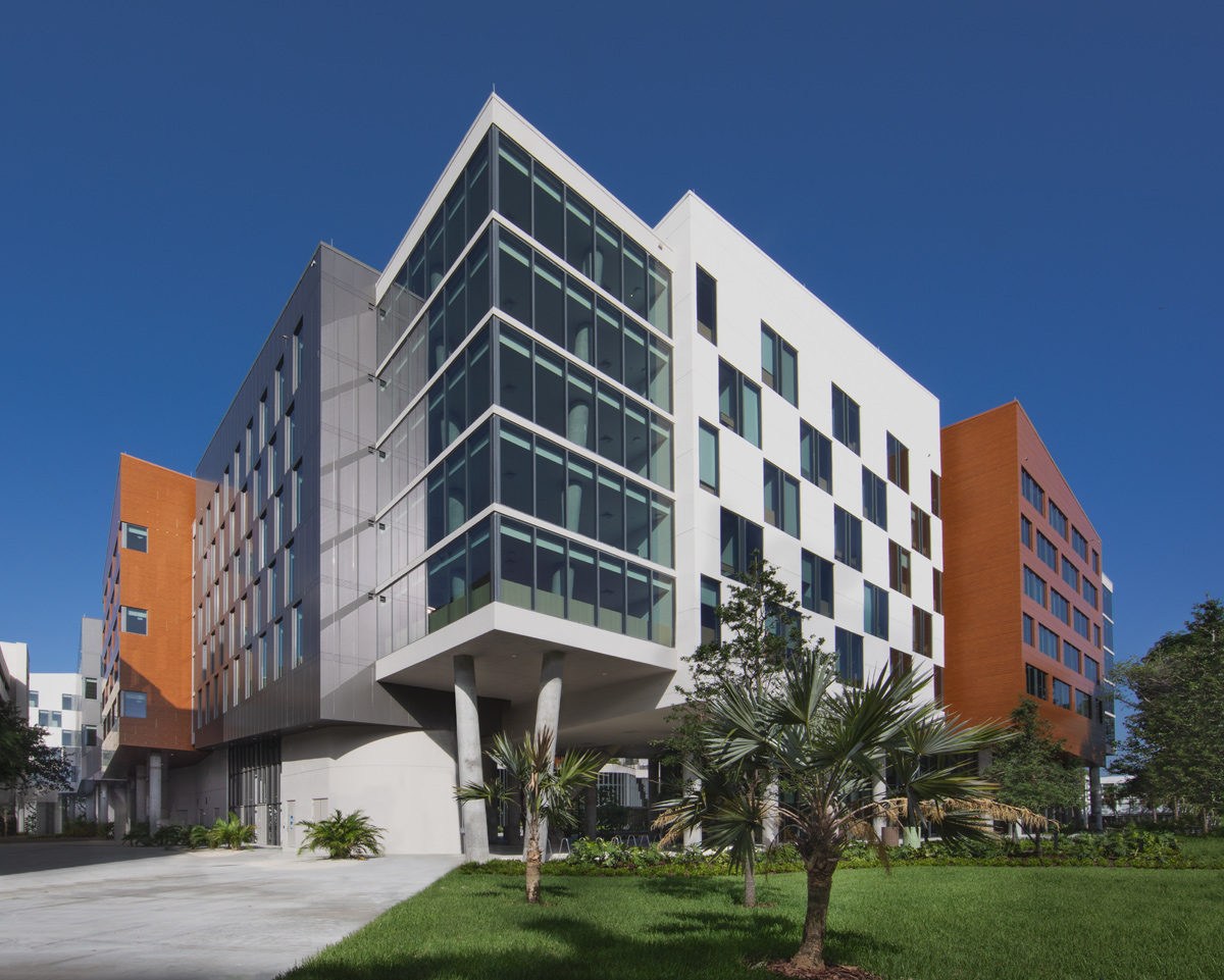 Architectural daytime view of UM Lakeside Village Student Housing in Miami, FL
