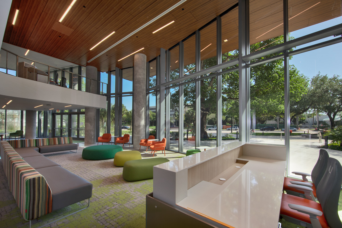 Architectural lobby view at UM Lakeside Village Student Housing in Miami, FL
