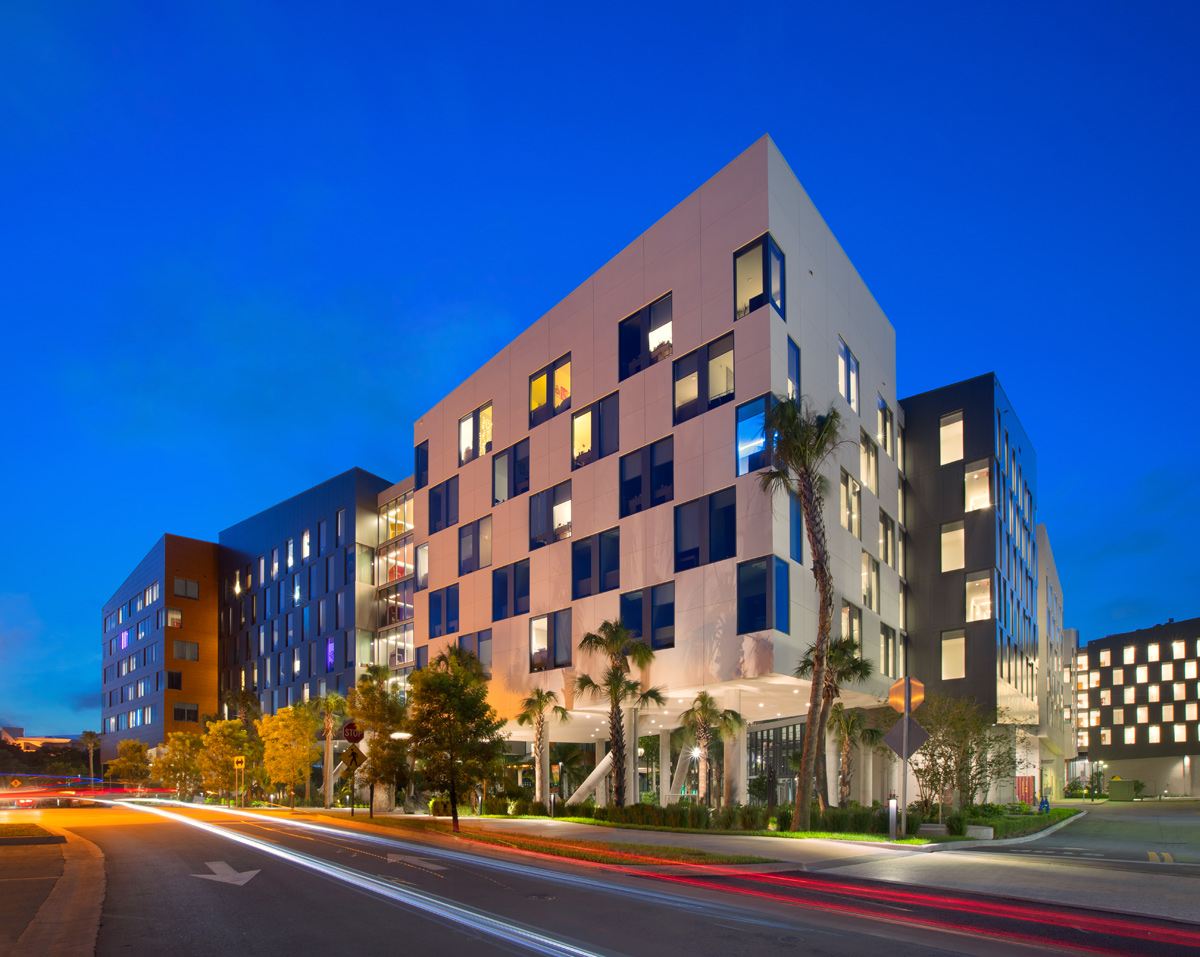 Architectural dusk view of UM Lakeside Village Student Housing in Miami, FL