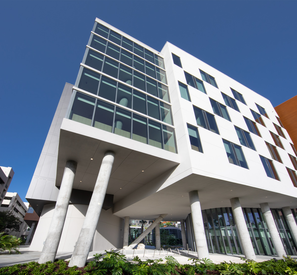 Architectural daytime view of UM Lakeside Village Student Housing in Miami, FL