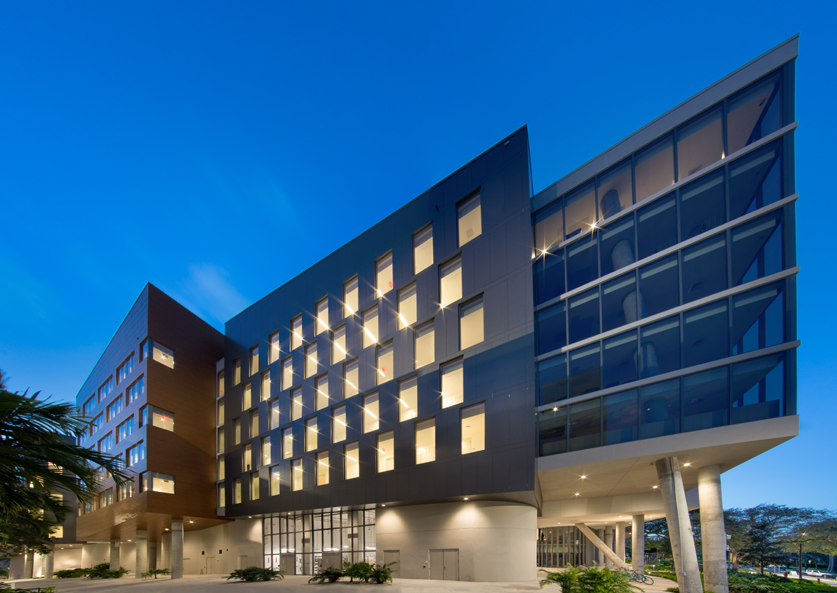 Architectural dusk view of UM Lakeside Village Student Housing in Miami, FL