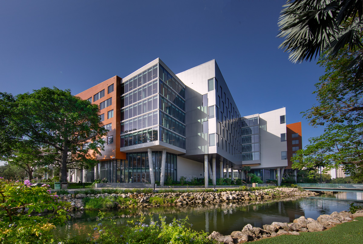Architectural daytime view of UM Lakeside Village Student Housing in Miami, FL