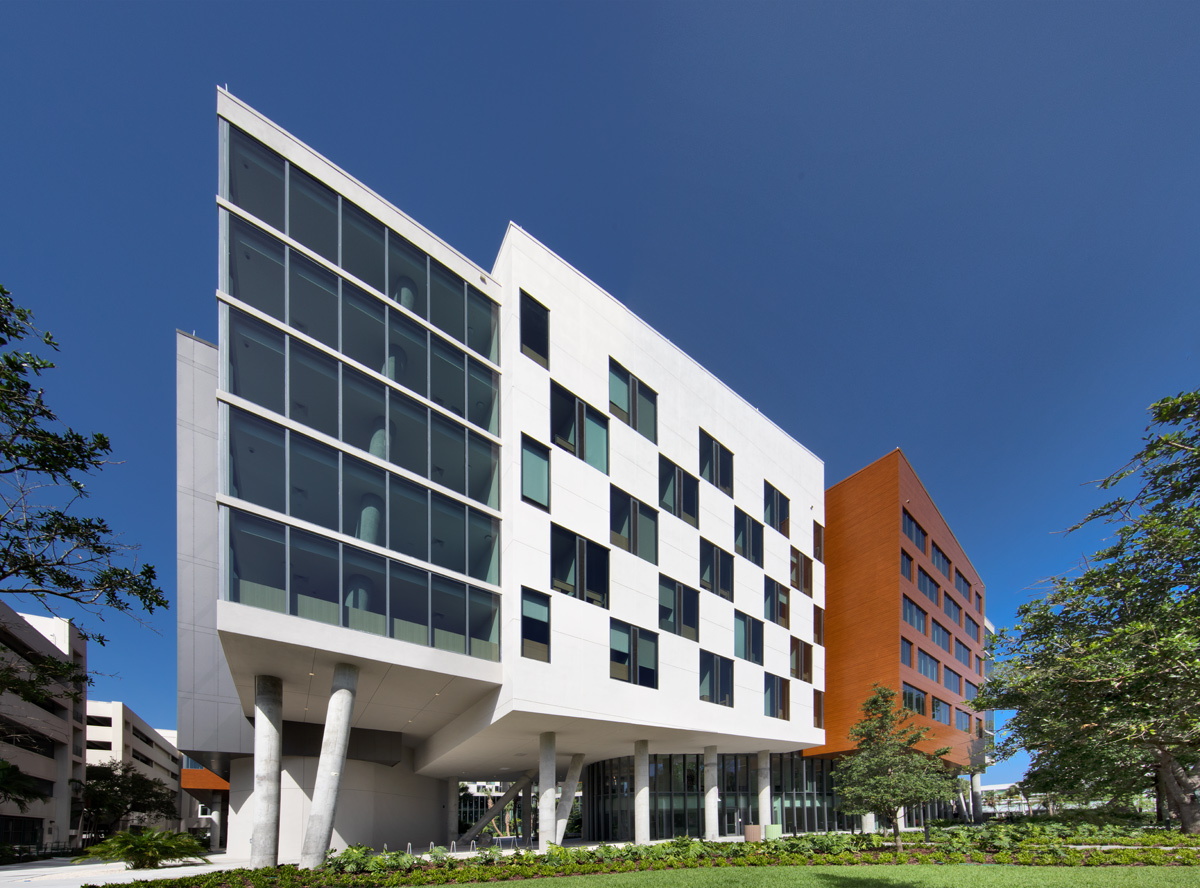Architectural daytime view of UM Lakeside Village Student Housing in Miami, FL