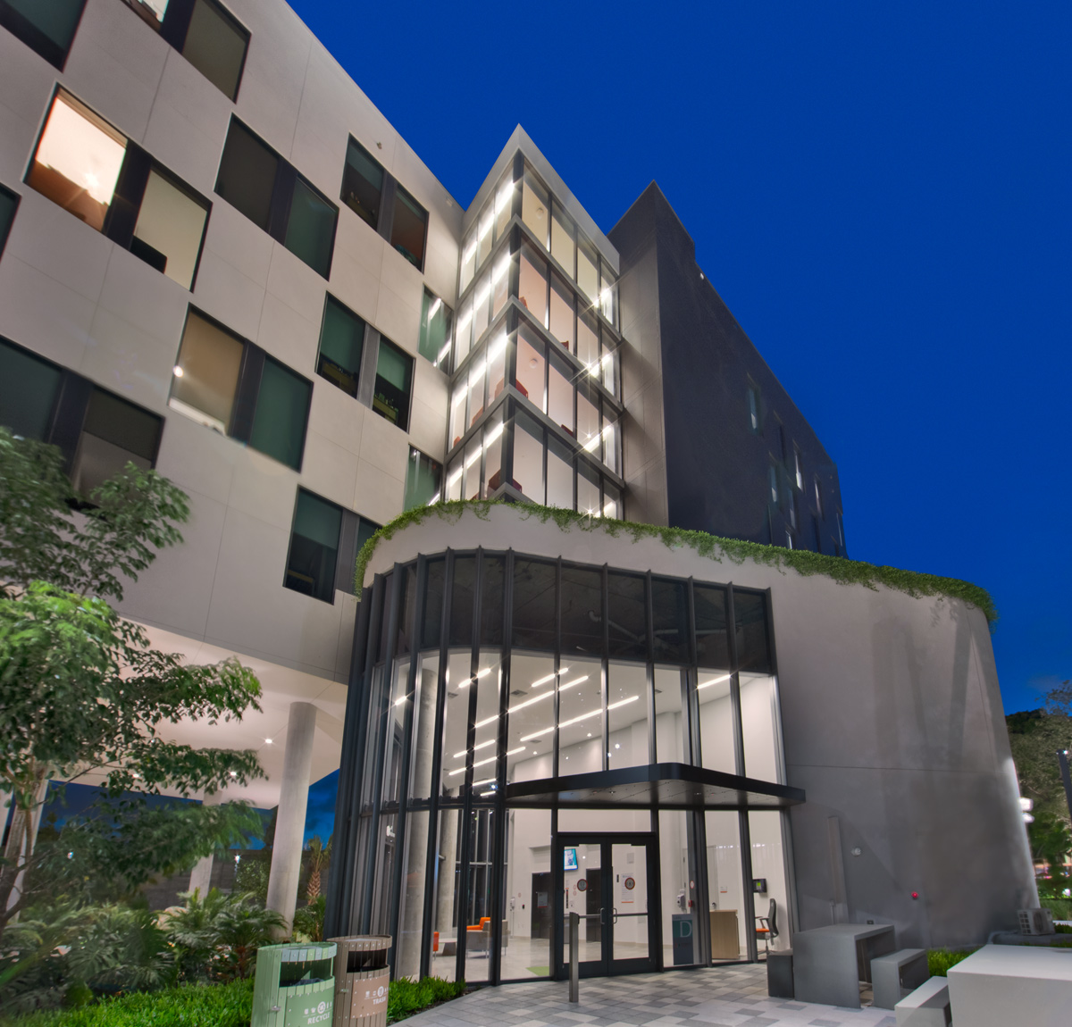 Architectural dusk view of UM Lakeside Village Student Housing in Miami, FL