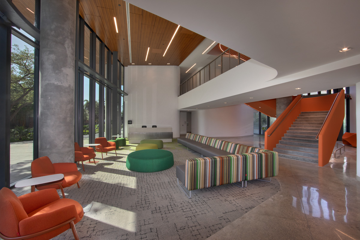 Architectural lobby view at UM Lakeside Village Student Housing in Miami, FL