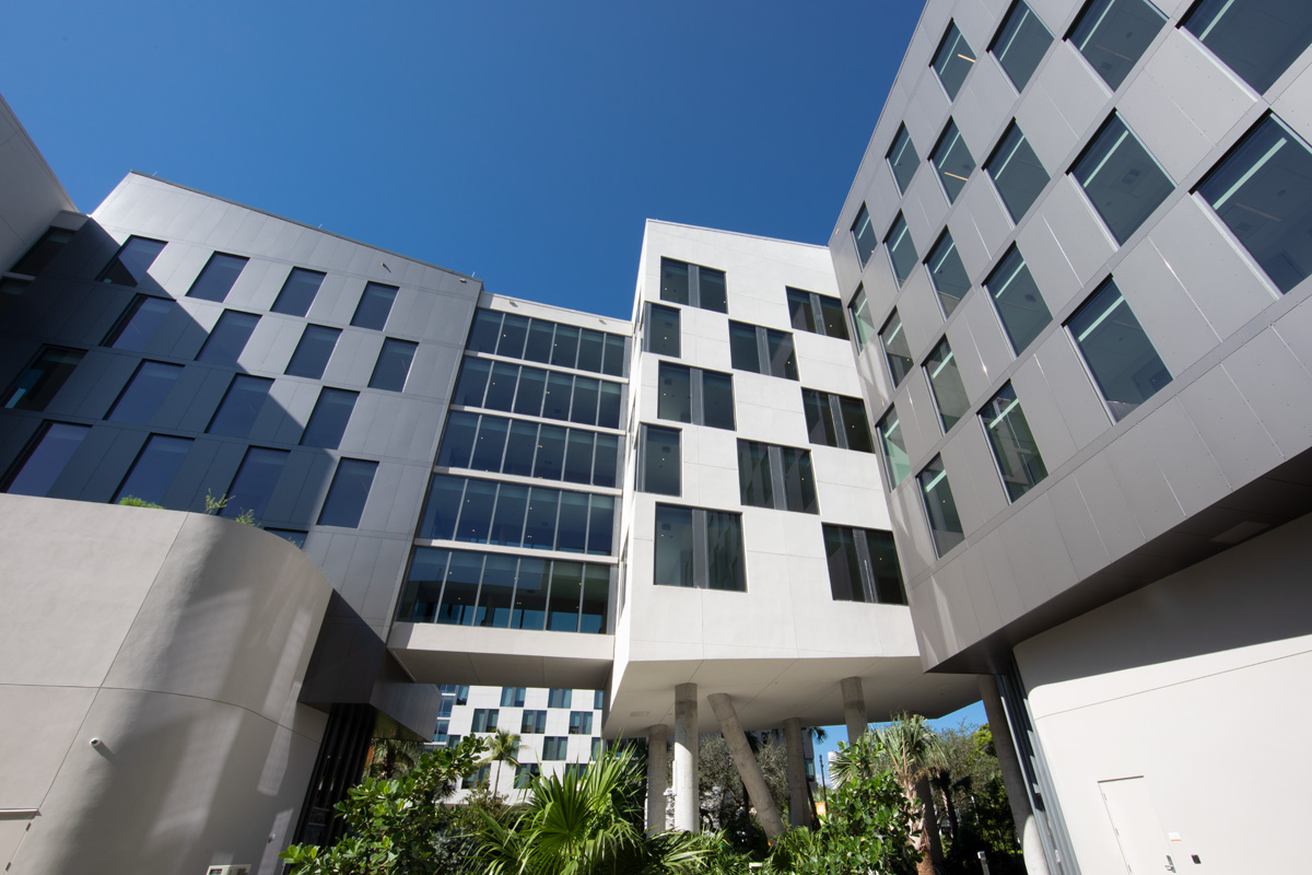 Architectural daytime view of UM Lakeside Village Student Housing in Miami, FL