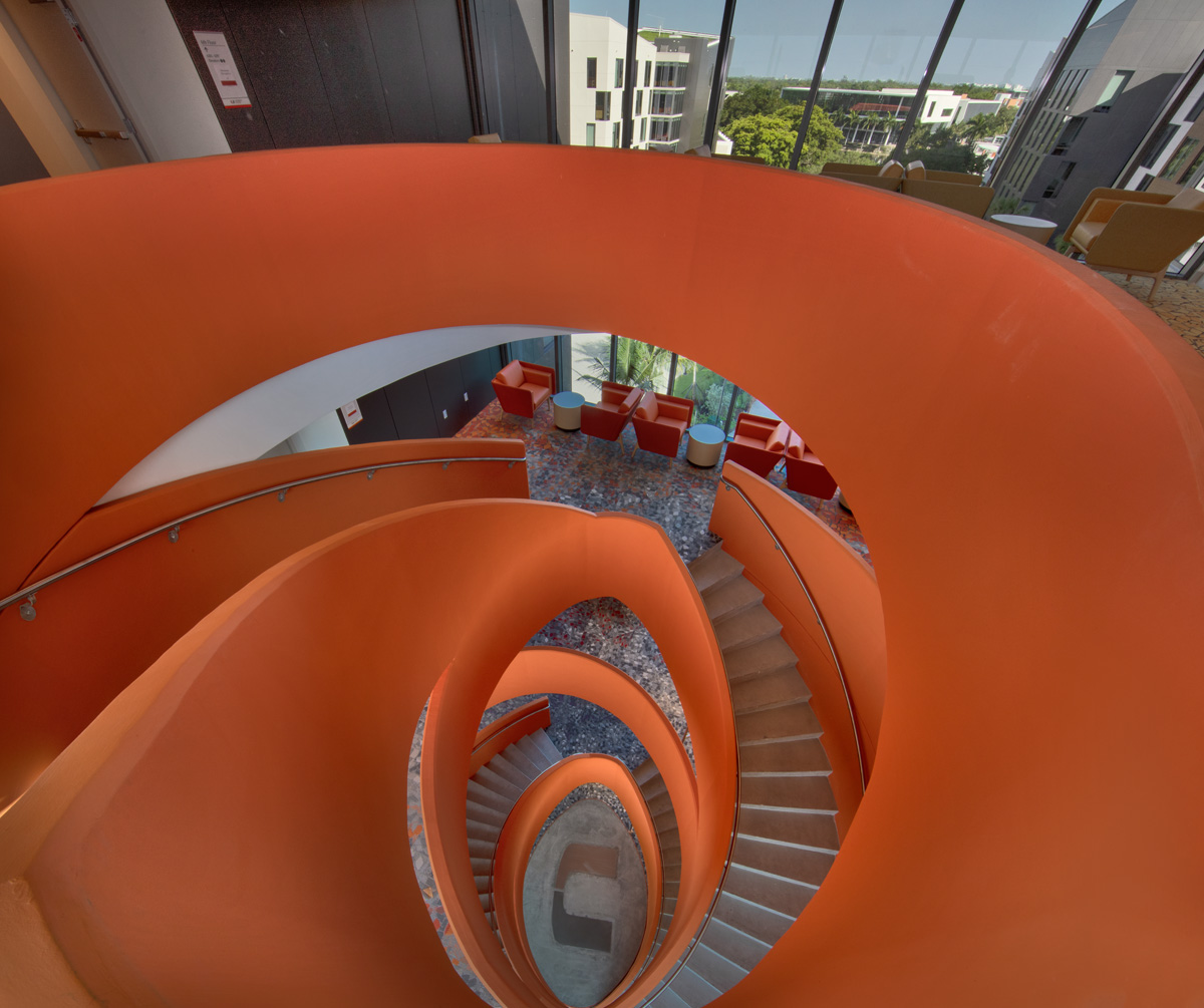 Architectural staircase view at UM Lakeside Village Student Housing in Miami, FL