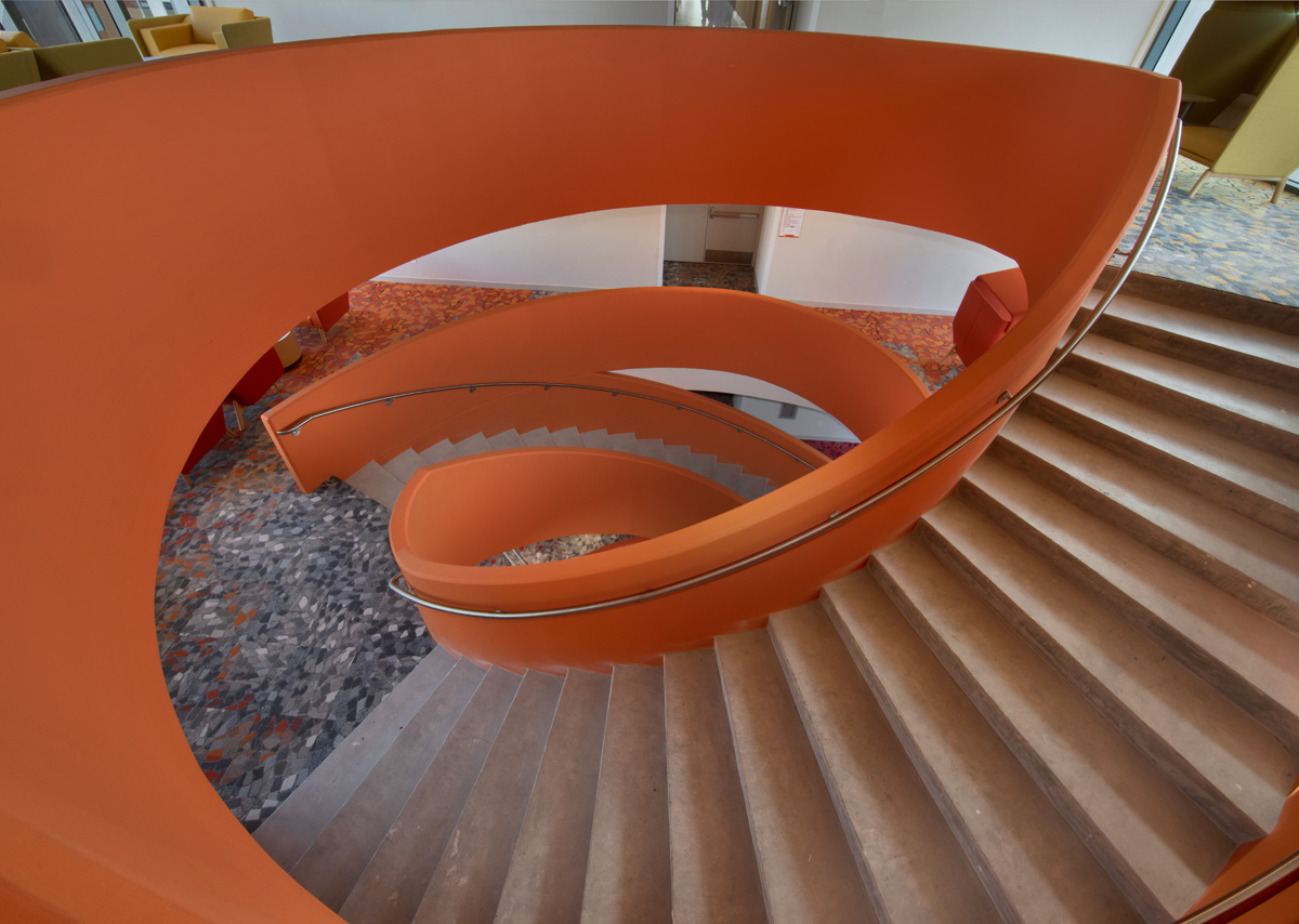 Architectural staircase view at UM Lakeside Village Student Housing in Miami, FL