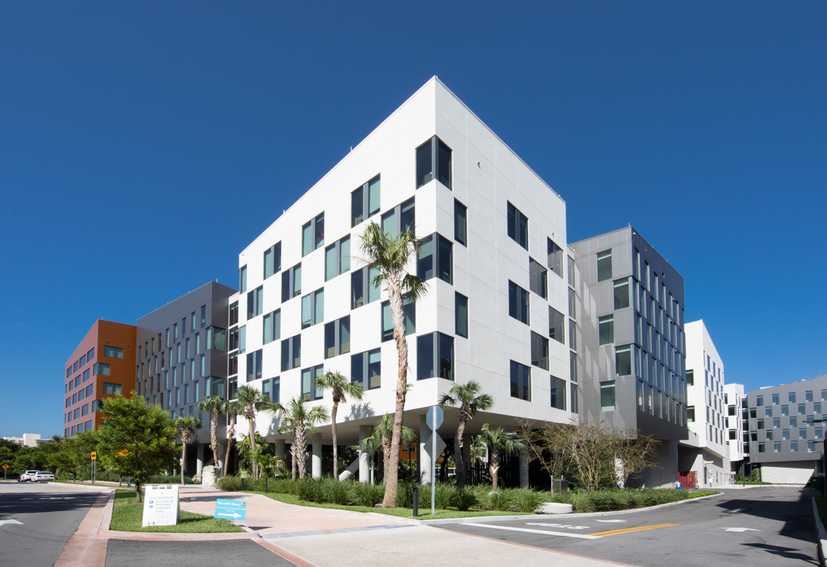 Architectural daytime view of UM Lakeside Village Student Housing in Miami, FL
