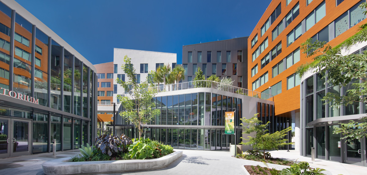 Architectural daytime view of UM Lakeside Village Student Housing in Miami, FL