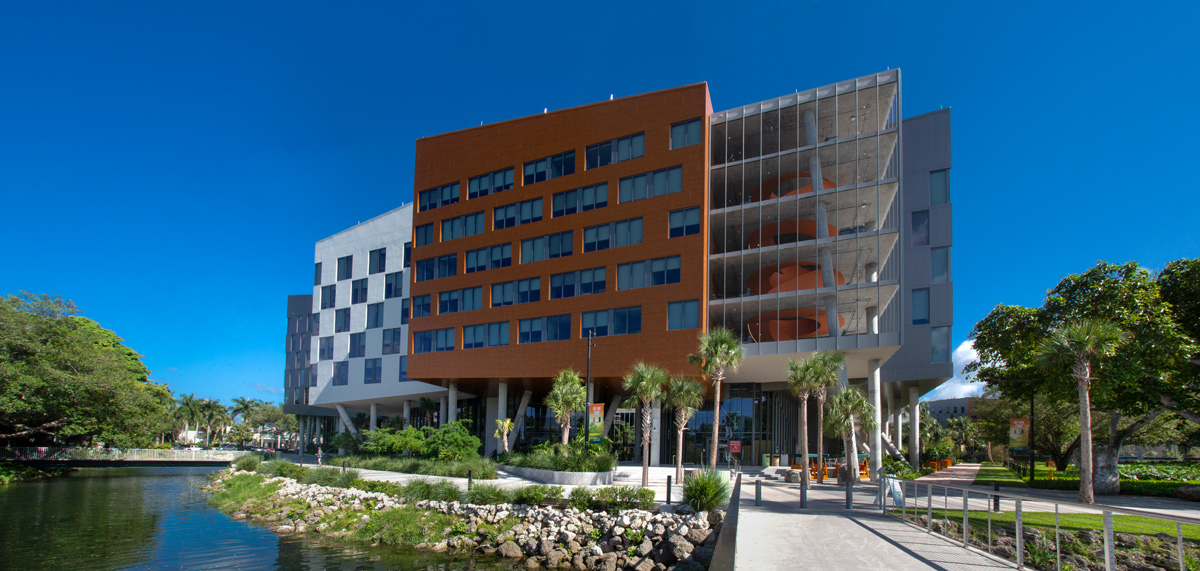 Architectural daytime view of UM Lakeside Village Student Housing in Miami, FL