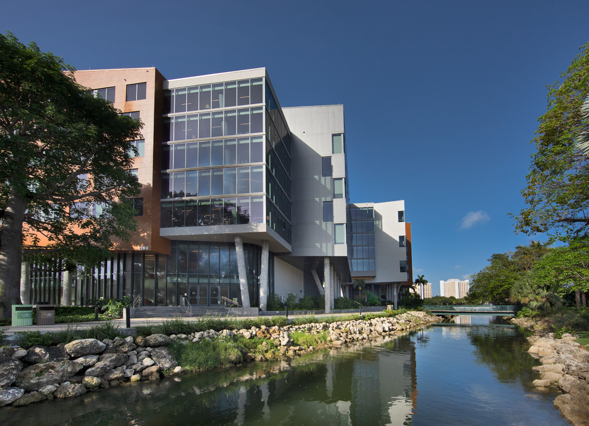 Architectural daytime view of UM Lakeside Village Student Housing in Miami, FL