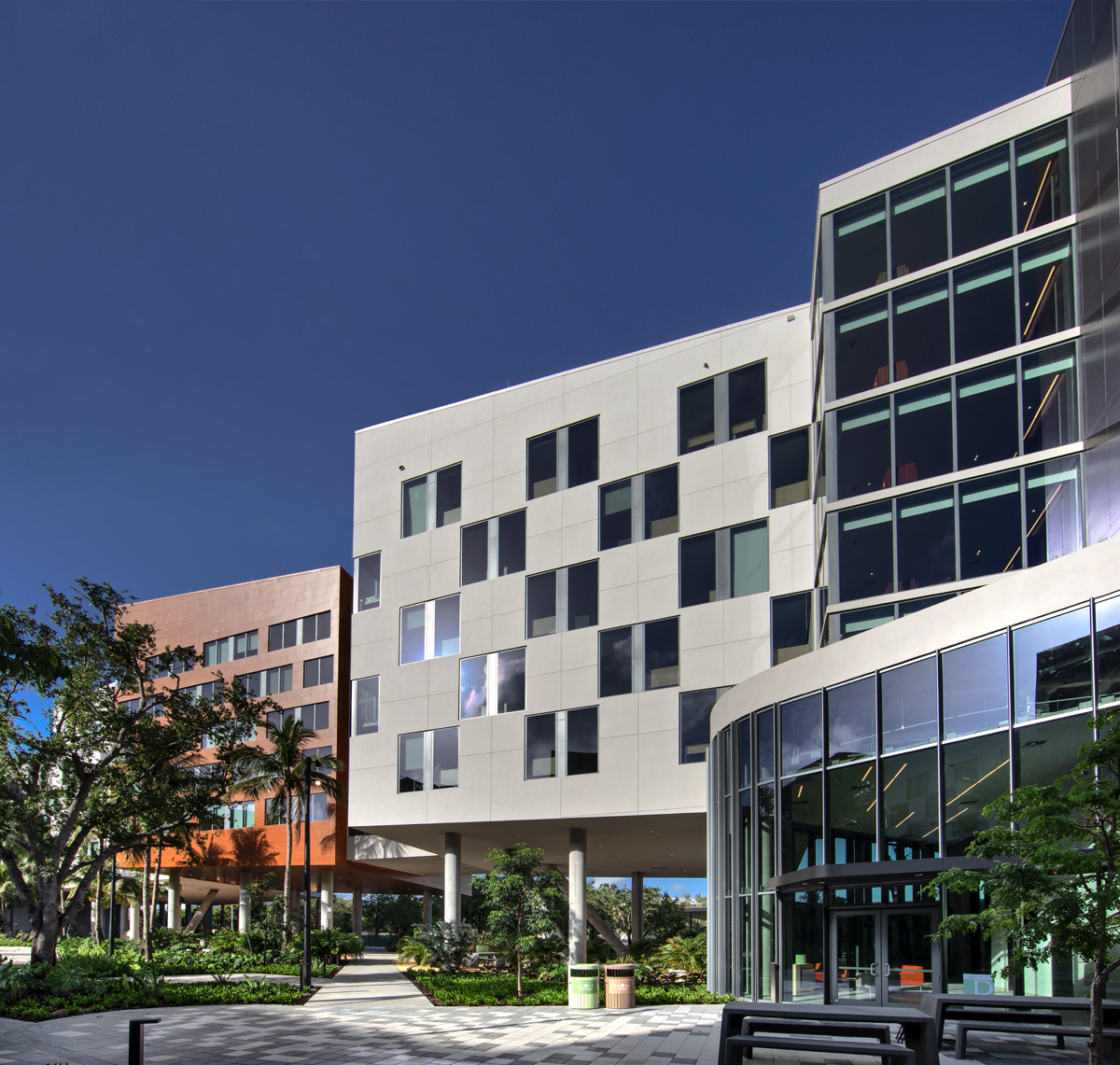 Architectural daytime view of UM Lakeside Village Student Housing in Miami, FL