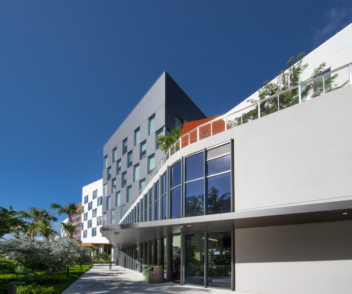 Architectural daytime view of UM Lakeside Village Student Housing in Miami, FL