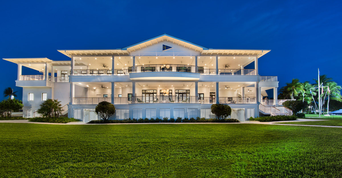 Architectural dusk view of Key Biscayne yacht club.