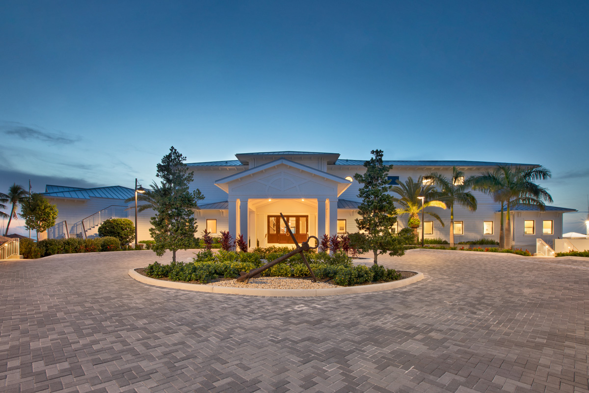 Architectural dusk view of Key Biscayne yacht club.
