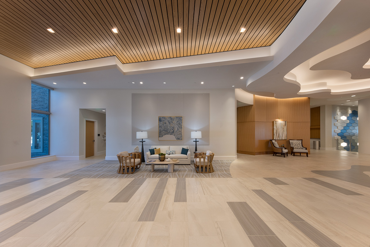 Interior design lobby view of Moorings Grand Lake Clubhouse in Naples, FL.