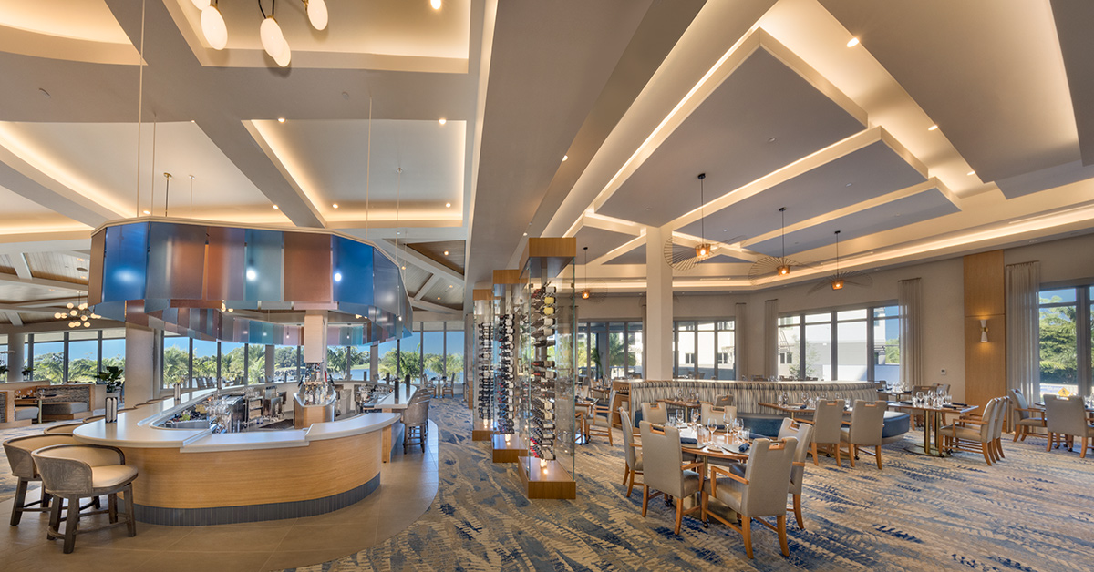 Interior design lobby dining room view of Moorings Grand Lake Clubhouse in Naples, FL.