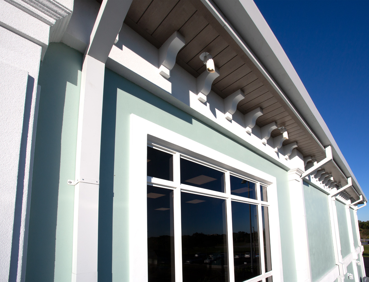 Architectural terrace detail of the Palm Beach Gardens, FL tennis clubhouse.