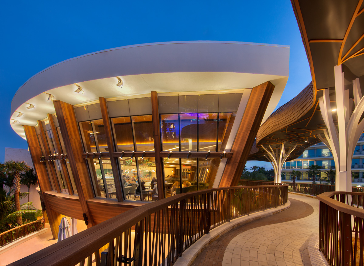 Architectural dusk view of the Hard Rock Hollywood Abiaka wood fire grill.