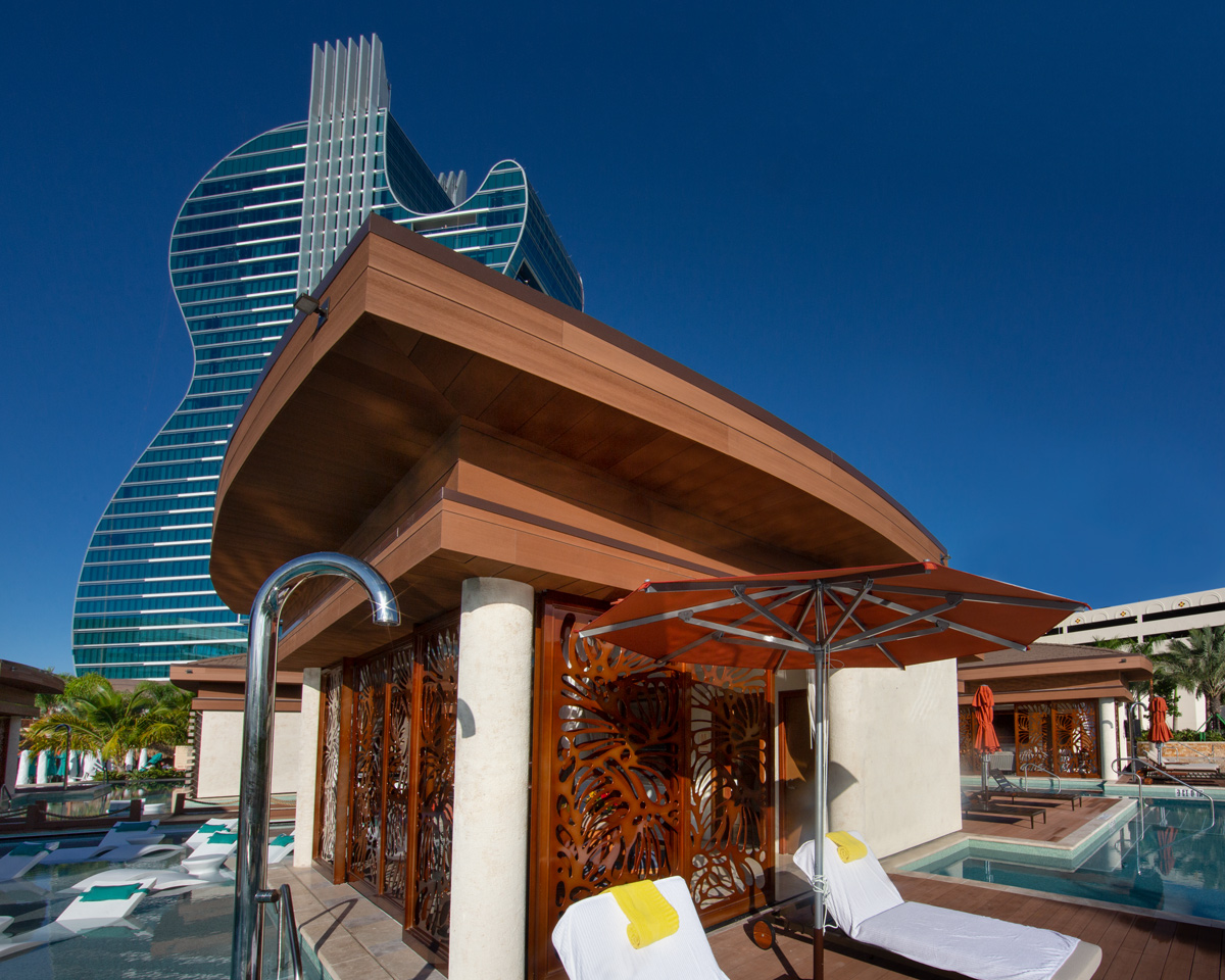 Architectural view of the Hard Rock Hollywood guitar hotel cabanas.
