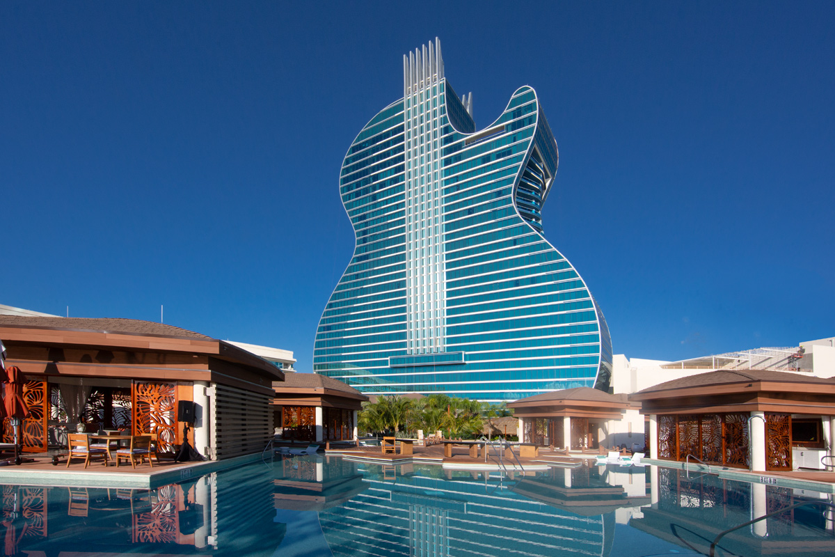 Architectural view of the Hard Rock Hollywood guitar hotel.